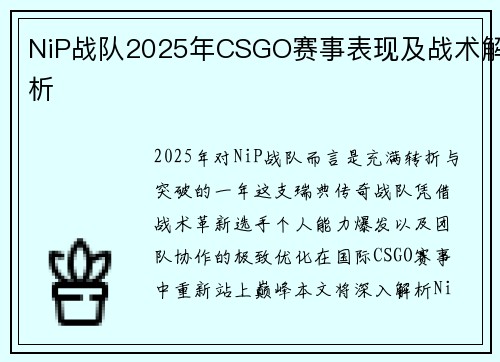 NiP战队2025年CSGO赛事表现及战术解析